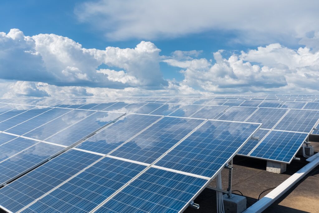 roof solar power panel reflected blue sky, clean energy